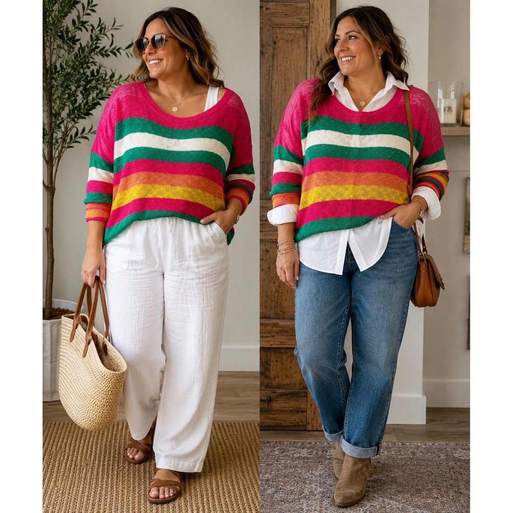 BiBi XL Bright Multicolor Striped Lightweight Knit Sweater NWT
